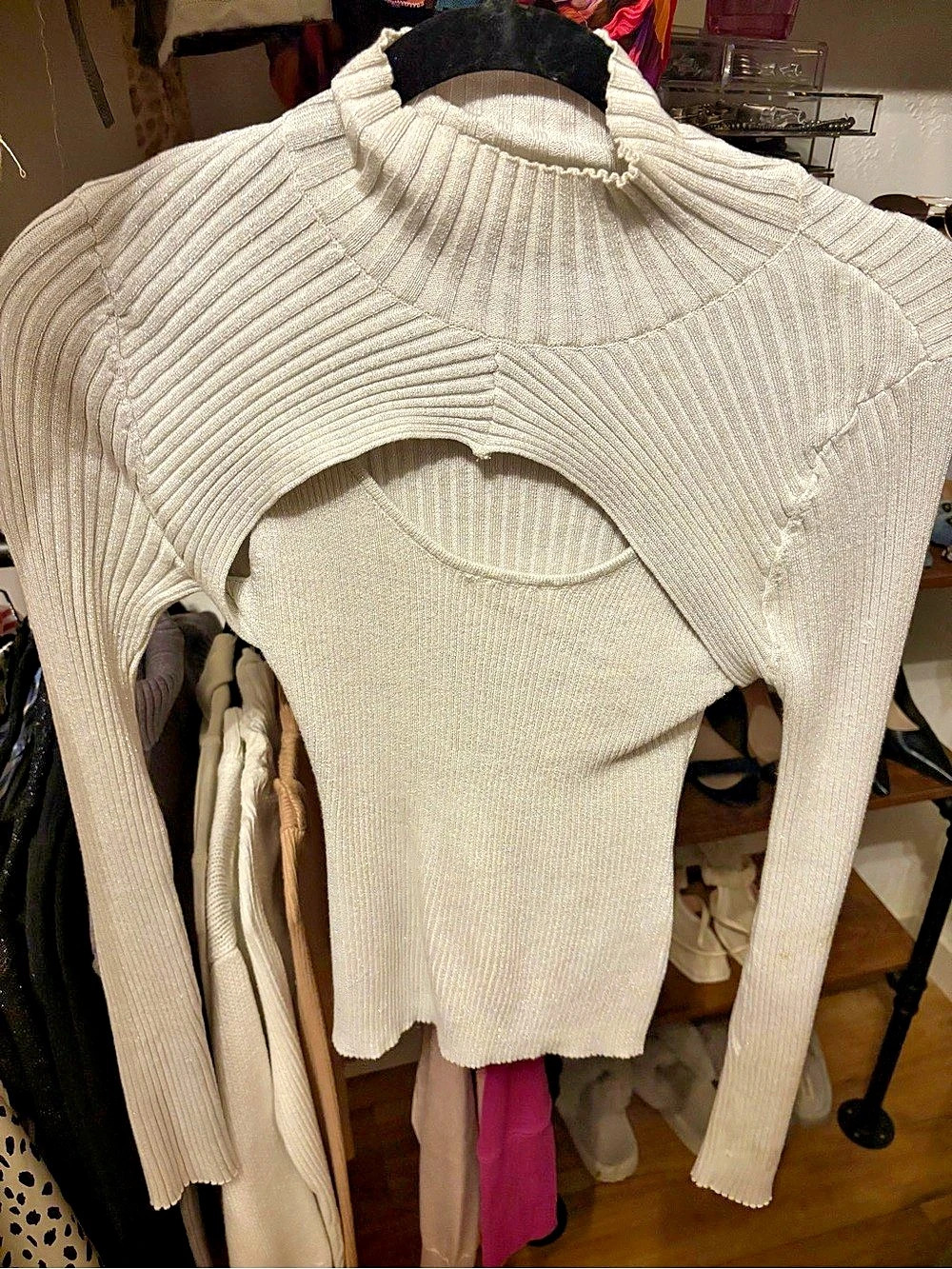 Pink Rose Ribbed Crossover Front Cutout Mock Neck Sweater Cream Medium